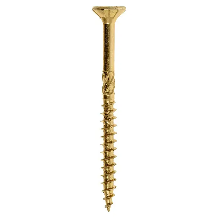 Profi Depot Mehrzweck-Schraube Turbo Drill - Ø x L: 5 x 60 mm, TX für TORX-Antriebe, Senkkopf, 100 Stk. - Nahaufnahme einer einzelnen, goldenen Holzschraube mit flachem Kopf und scharfen Gewindegängen, ideal für Holzbearbeitung.
