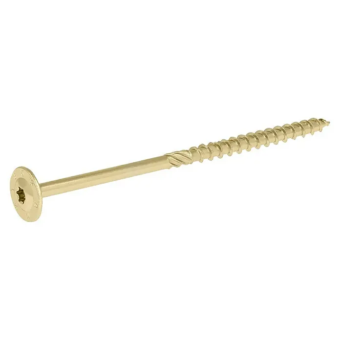 Profi Depot Holzbauschraube TX - Tellerkopf, TX für TORX-Antriebe, 25 Stk., Ø x L: 8 x 160 mm - Detailaufnahme einer goldfarbenen Senkkopfschraube mit Innensechsrund Antrieb, ideal für Holzverbindungen und Konstruktionen.