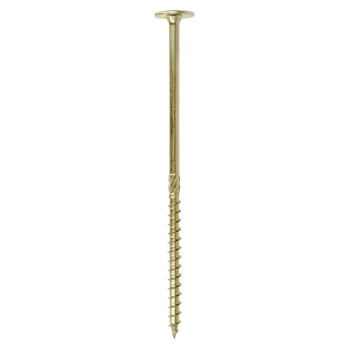Profi Depot Holzbauschraube TX - Tellerkopf, TX für TORX-Antriebe, 25 Stk., Ø x L: 8 x 180 mm - Nahaufnahme einer einzelnen Holzschraube in Goldfarbe, die sich ideal für verschiedene Holzbearbeitungsprojekte eignet.