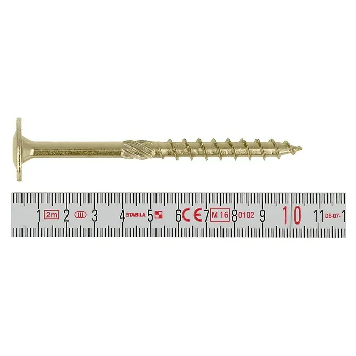Profi Depot Holzbauschraube TX - Tellerkopf, TX für TORX-Antriebe, 50 Stk., Ø x L: 8 x 100 mm - Nahaufnahme einer goldenen Holzschraube mit metrischem Messlineal für Größenvergleich, zur Verwendung in Holzprojekten und Konstruktionen.