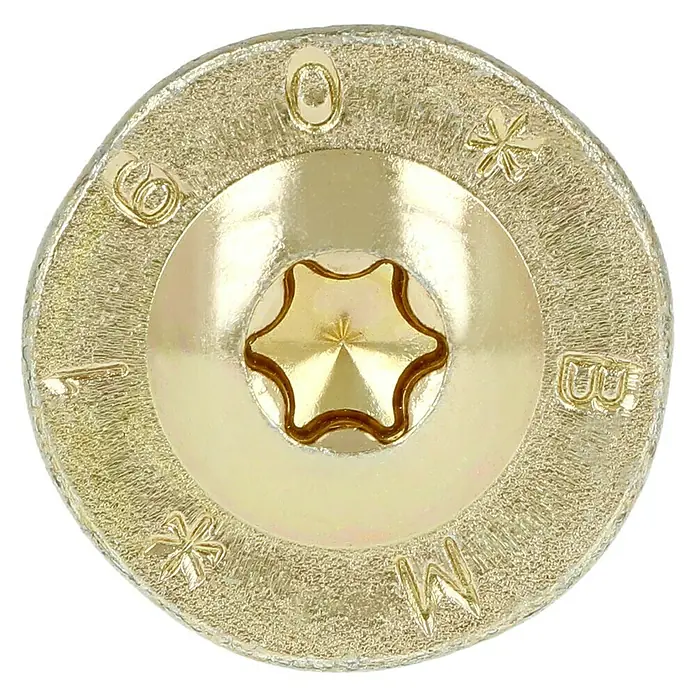 Profi Depot Holzbauschraube TX - Tellerkopf, TX für TORX-Antriebe, 25 Stk., Ø x L: 8 x 160 mm - Nahaufnahme einer goldenen Torx-Schraube mit Markierungen am Rand, ideal für sichere und präzise Befestigungen in verschiedenen Anwendungen.