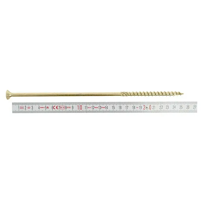Profi Depot Holzbauschraube TX - Senkkopf, TX für TORX-Antriebe, 25 Stk., Ø x L: 8 x 260 mm - Nahaufnahme einer Schraube mit Zollstock, die Länge der Schraube beträgt etwa 26 cm.