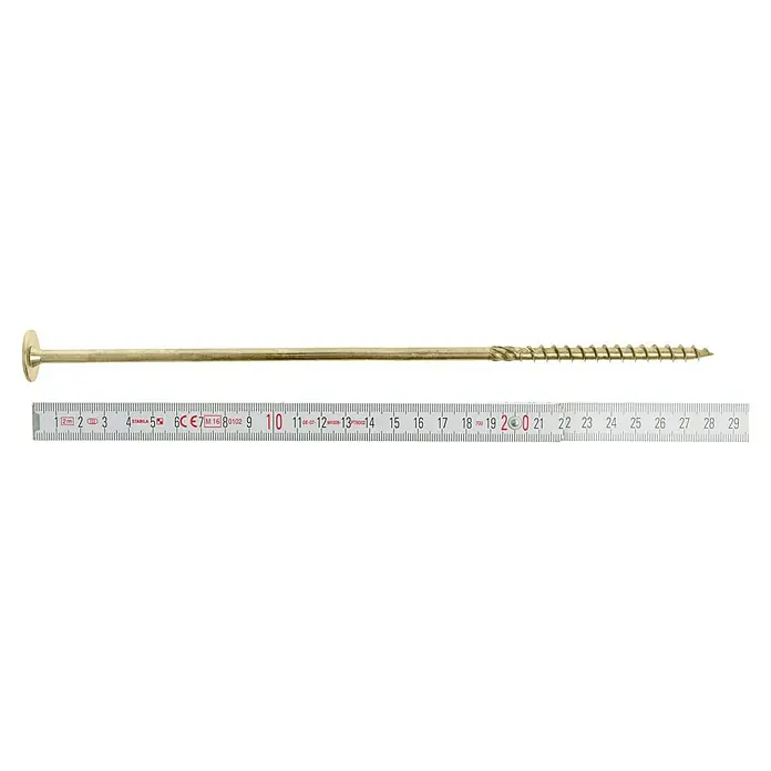 Profi Depot Holzbauschraube TX - Tellerkopf, TX für TORX-Antriebe, 25 Stk., Ø x L: 8 x 280 mm - Nahaufnahme einer langen, goldenen Schraube, die neben einem Messlineal liegt, um ihre Länge zu messen.