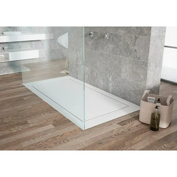 Torvisco Plato de ducha Stark - L x An: 70 x 120 cm, Blanco - La imagen muestra una ducha moderna de acceso abierto con una mampara de vidrio transparente y un plato de ducha blanco en un baño elegante.