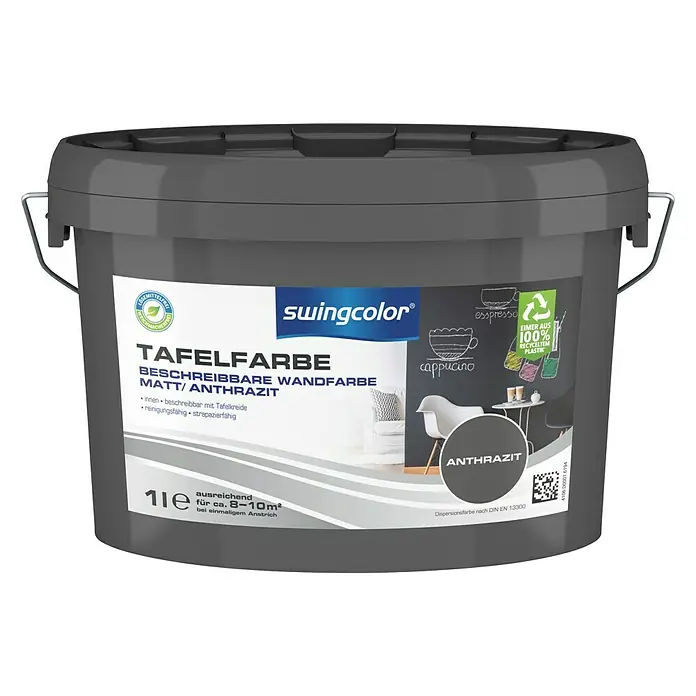 swingcolor Tafelfarbe - Anthrazit, 1 l, Matt - Eimer Swingcolor Tafelfarbe, matt, anthrazit, 1 Liter, für beschreibbare Wände und kreative Wandgestaltung im Innenbereich.