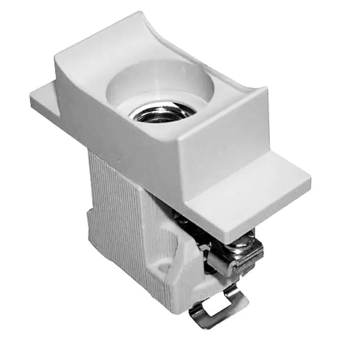 Neozed-Sockel - 400 V, Polanzahl: 1 Stk., E14, D01 - Nahaufnahme einer weißen Lampenfassung mit Metallelementen, die für elektrische Installationen verwendet wird.