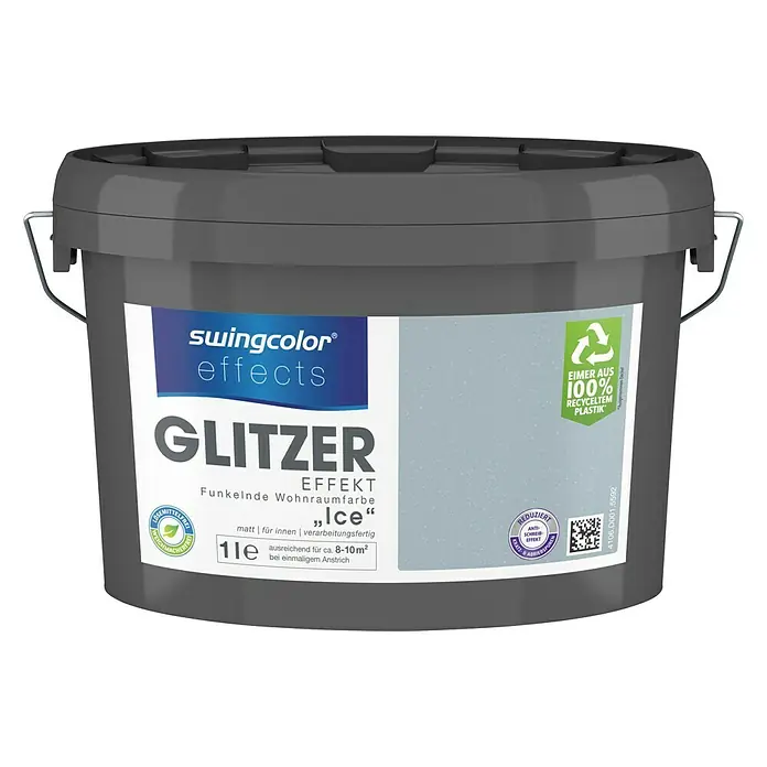 swingcolor effects Farbeffektputz Funkelnde Wohnraumfarbe mit Glitzer-Effekt - Ice, Glitzernd, 1 l - Dose Swingcolor Glitzer Effekt "Ice", eine funkelnde, matte Wohnraumfarbe für Innen, hergestellt aus 100% recyceltem Plastik für ca. 8-10 m².