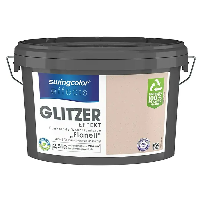 swingcolor effects EffektfarbeGlitzer-Optik, Flanell, Matt, 2,5 l - Farbdose Swingcolor Effects Glitzer, Farbe "Flanell", 2,5l, für funkelnde Innenräume, matt und gebrauchsfertig. Eimer aus 100% recyceltem Plastik.