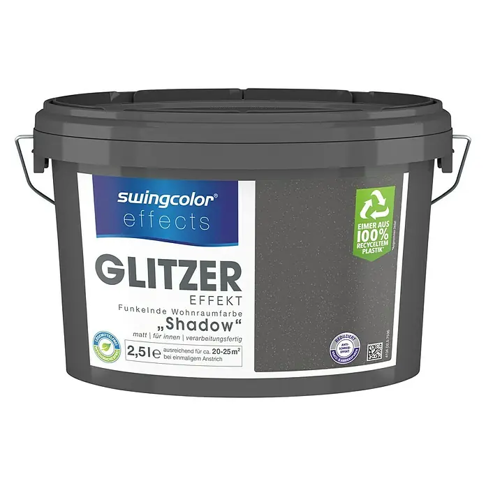 swingcolor effects Farbeffektputz Funkelnde Wohnraumfarbe mit Glitzer-Effekt - Shadow, Glitzernd, 2,5 l - Dose Swingcolor Effects Glitzer Effekt „Shadow“ Funkelnde Wohnraumfarbe, matt für Innen, 2,5 l. Der Eimer ist aus 100% recyceltem Plastik.