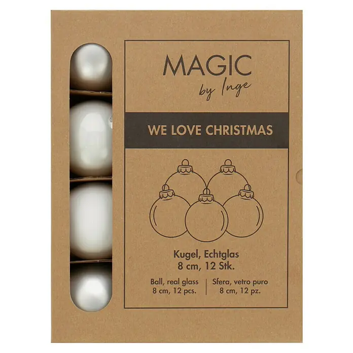 Weihnachtskugeln - Just White, Glas, Durchmesser: 8 cm, 12 Stk. - Karton mit Magic by Inge Weihnachtskugeln aus Echtglas, 8 cm groß und 12 Stück enthalten.