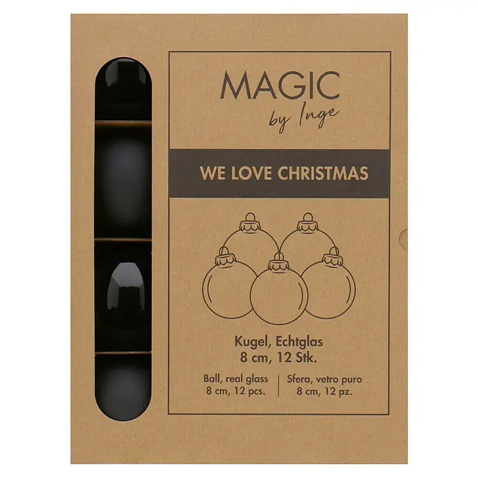 Weihnachtskugeln - Ebony Black, Glas, Durchmesser: 8 cm, 12 Stk. - Schwarze Weihnachtskugeln aus Echtglas, 8 cm Durchmesser, 12 Stück von Magic by Inge in einer braunen Kartonverpackung.