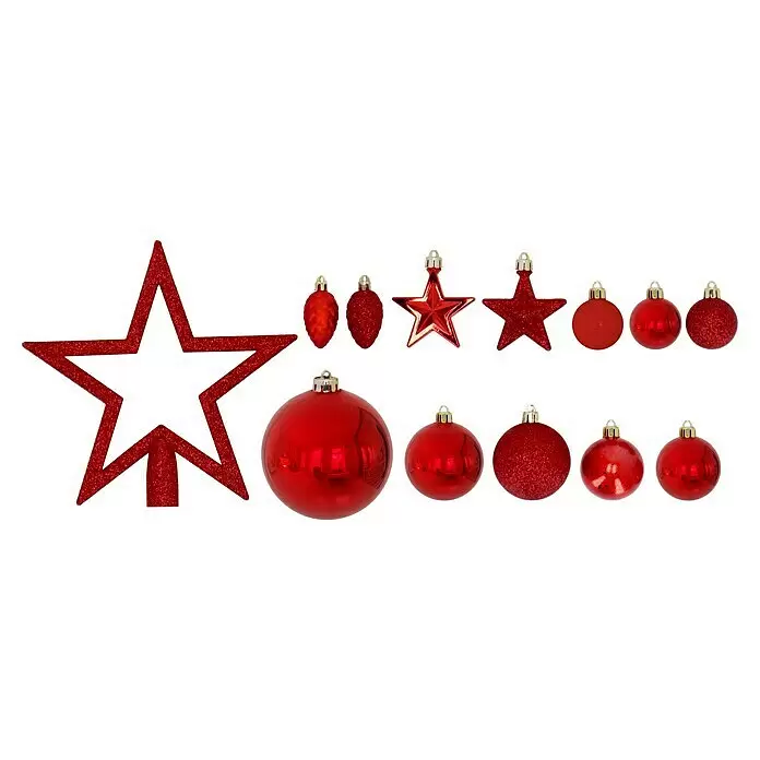 Christbaumkugel-Set - Rot, Kunststoff, 75 Stk. - Roter Weihnachtsschmuck: glitzernde und glänzende Sterne, Kugeln und Zapfenformen zur festlichen Dekoration.