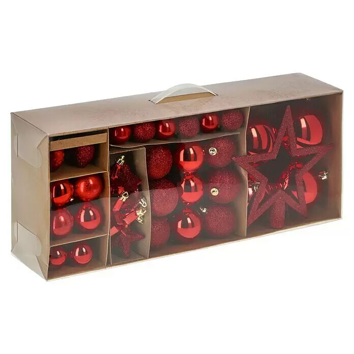 Christbaumkugel-Set - Rot, Kunststoff, 75 Stk. - Rote glitzernde und glänzende Weihnachtsornamente, Kugeln, Zapfen und Sterne, in einer Kartonschachtel mit Klarsichtdeckel.
