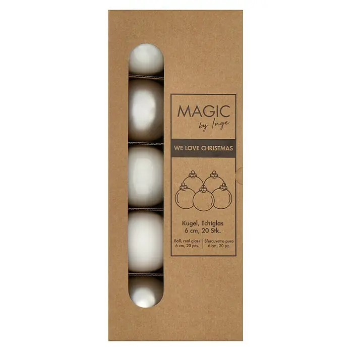 Weihnachtskugeln - Just White, Glas, Durchmesser: 6 cm, 20 Stk. - Eine Packung mit 20 weißen Weihnachtskugeln aus Echtglas mit einem Durchmesser von 6 cm, verpackt in einer braunen Pappschachtel.