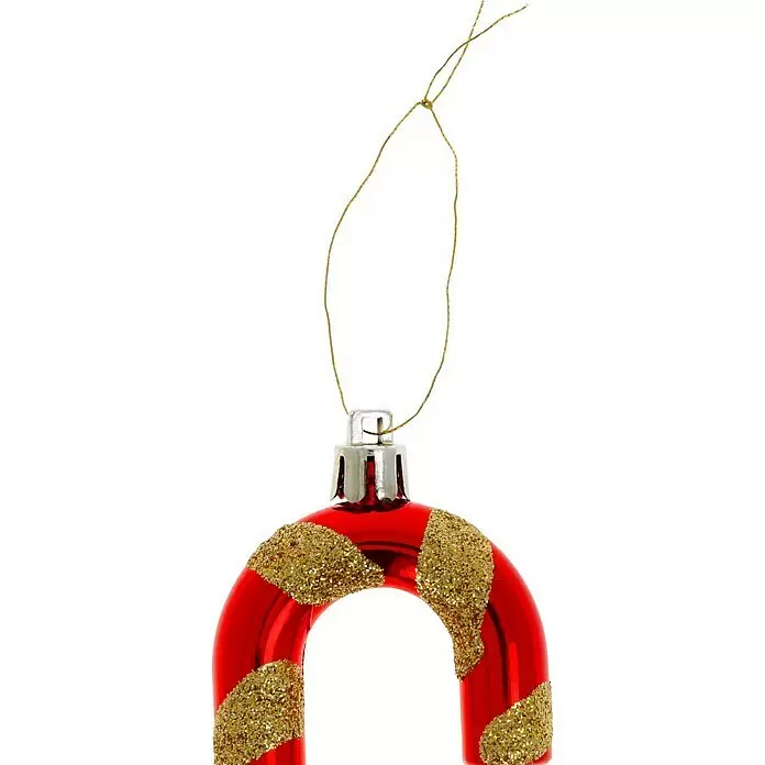 Christbaumschmuck Zuckerstangen - Rot, Gold, Kunststoff, 4 Stk. - Roter Zuckerstangen-Weihnachtsanhänger mit goldenen Glitzerstreifen und goldener Aufhängeschnur.