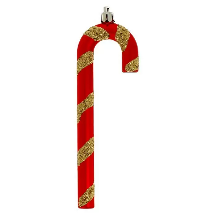 Christbaumschmuck Zuckerstangen - Rot, Gold, Kunststoff, 4 Stk. - Roter Zuckerstangen-Weihnachtsschmuck mit goldenen Glitzerstreifen und silbernem Aufhänger.