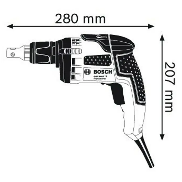 Bosch Professional Atornillador para placas de yeso GSR 6-45 TE - 701 W, 4.500 r.p.m. - Ilustración de un atornillador para paneles de yeso Bosch con dimensiones. La herramienta mide 280 mm de largo y 207 mm de alto.