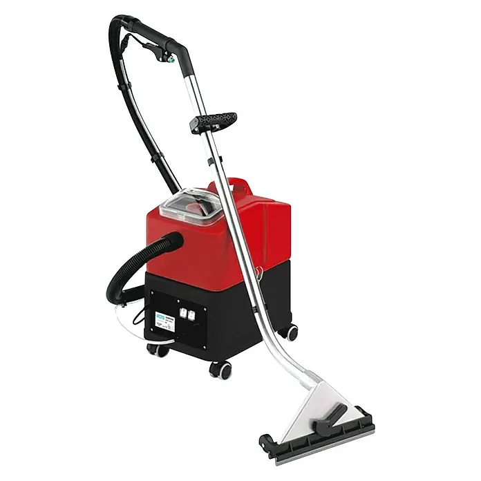 Arcora Waschsauger Aniko 30 - 1.500 W, Flächenleistung: 60 m²/h - Das Bild zeigt einen Teppichreinigungsgerät mit einem roten Tank und einem schwarzen Sockel, der sich ideal für die Reinigung von Teppichen eignet.