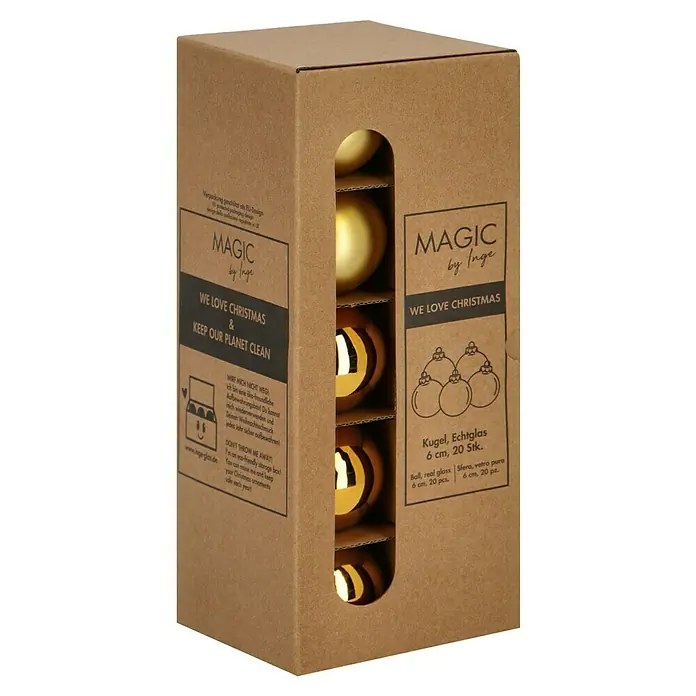 Weihnachtskugeln - Inkagold, Glas, Durchmesser: 6 cm, 20 Stk. - Karton mit 20 goldenen Weihnachtskugeln aus Echtglas, 6 cm Durchmesser, von Magic by Inge, umweltfreundliche Verpackung.