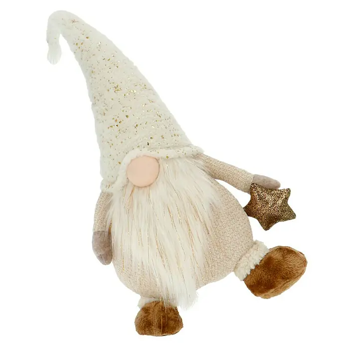 Dekofigur Wichtel auf einem Bein - L x B x H: 7 x 23 x 68 cm, Kunststoff - Ein festlicher Zwerg mit weißem Hut und goldenen Akzenten, der einen goldenen Stern hält, ideal als Weihnachtsdekoration.
