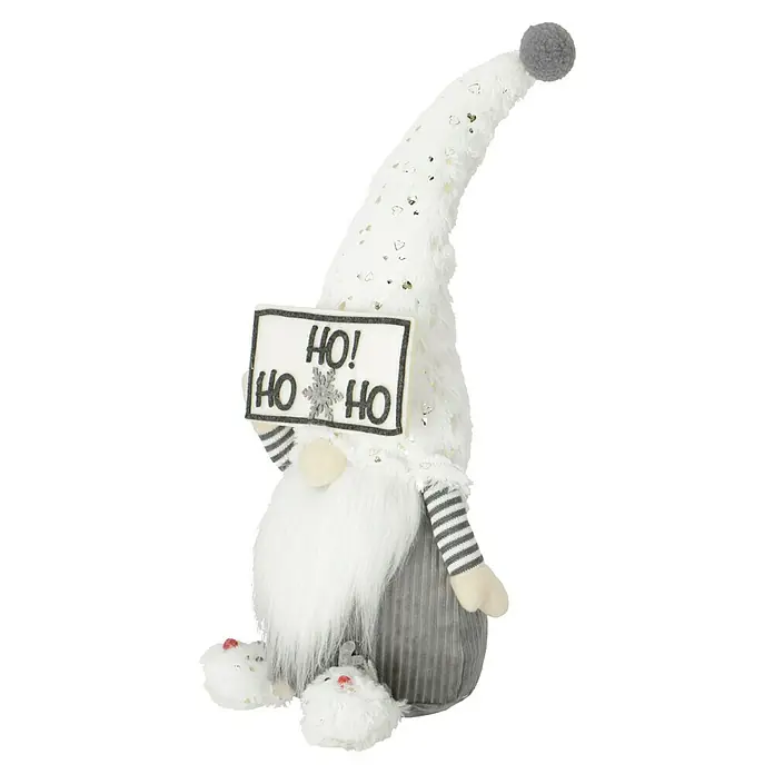 Dekofigur Wichtel HO! HO! HO! - L x B x H: 17 x 15 x 47 cm, Textil, Weihnachtswichtel, Schneemann - Dekorativer, weißer Weihnachtswichtel mit einem "Ho! Ho! Ho!"-Schild, ideal für festliche Dekorationen und als charmante Ergänzung zur Weihnachtszeit.