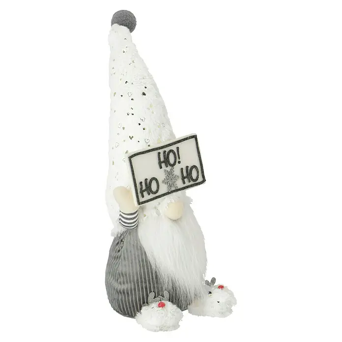 Dekofigur Wichtel HO! HO! HO! - L x B x H: 17 x 15 x 47 cm, Textil, Weihnachtswichtel, Schneemann - Ein festlicher Zwerg mit einem "HO HO HO"-Schild und niedlichen Rentierschuhen, perfekt für die Weihnachtsdekoration.