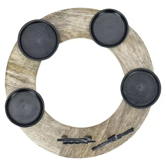Adventskranz mit Tanne und Elch - 30 x 17 cm, Naturfarbe, Schwarz, Holz - Runder Kerzenhalter aus Holz mit vier schwarzen Metallkerzenbechern und dekorativen schwarzen Metallakzenten.