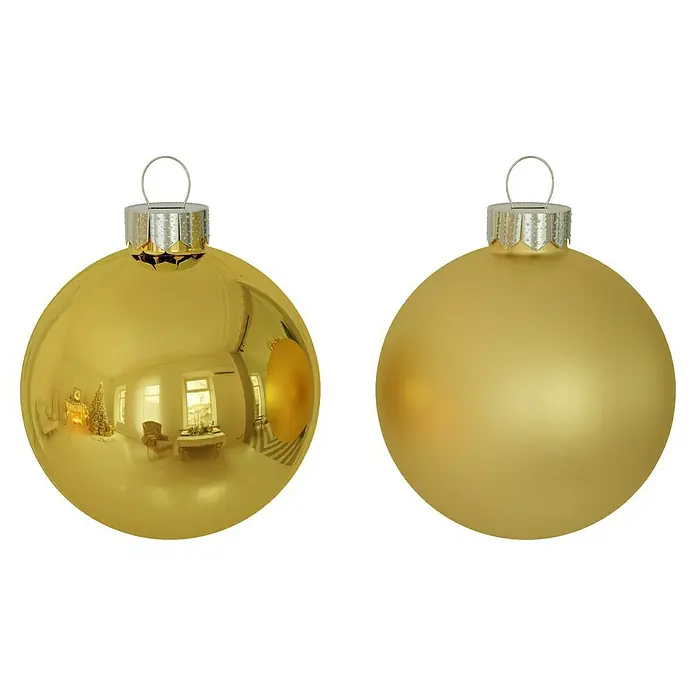 Weihnachtskugeln - Inkagold, Glas, Durchmesser: 6 cm, 20 Stk. - Zwei goldene Weihnachtskugeln, eine glänzend und eine matt, vor einem schwarzen Hintergrund.