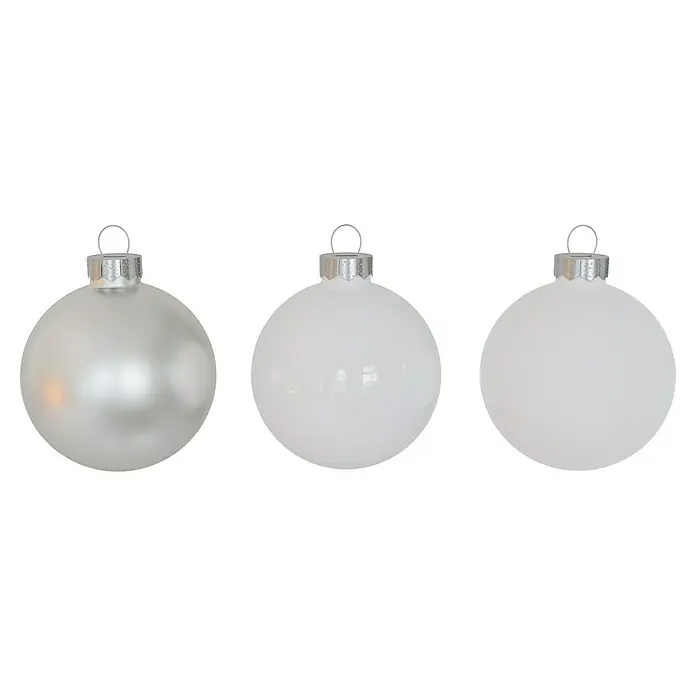 Weihnachtskugeln - Just White, Glas, Durchmesser: 6 cm, 20 Stk. - Drei weiße Weihnachtskugeln, perfekt für die festliche Dekoration. Die Kugeln haben eine glänzende Oberfläche und eine silberne Aufhängung.