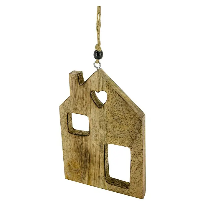 Deko-Anhänger Haus - 11 x 16 cm, Natur - Dekoratives Holzhaus mit Seilaufhängung und ausgeschnittenen Herz- und Fensterdetails, perfekt für eine gemütliche Atmosphäre.