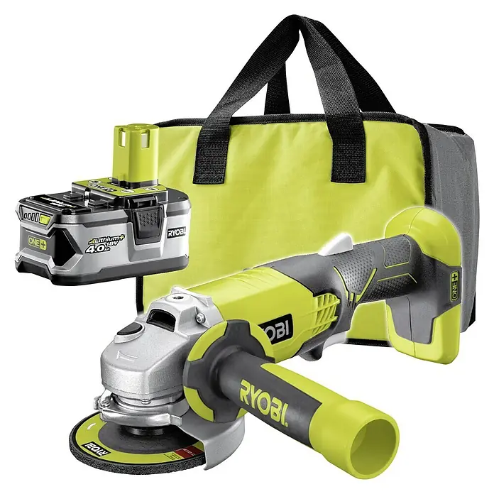 Ryobi ONE+ Akku-Winkelschleifer R18AG-140S - 1 Akku, 4 Ah, Durchmesser Scheibe: 115 mm, 7.500 U/min - Ryobi Akku-Winkelschleifer mit Akku und Tragetasche. Ein robustes Werkzeug für Schleifarbeiten mit praktischem Zubehör für den mobilen Einsatz.
