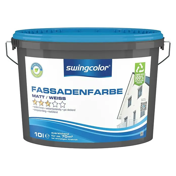 swingcolor FassadenfarbeWeiß, 10 l, Matt - Fassadenfarbe von Swingcolor, matt und weiß, im 10l Eimer. Geeignet für ca. 70m² bei einmaligem Anstrich, hergestellt aus 100% recyceltem Plastik.