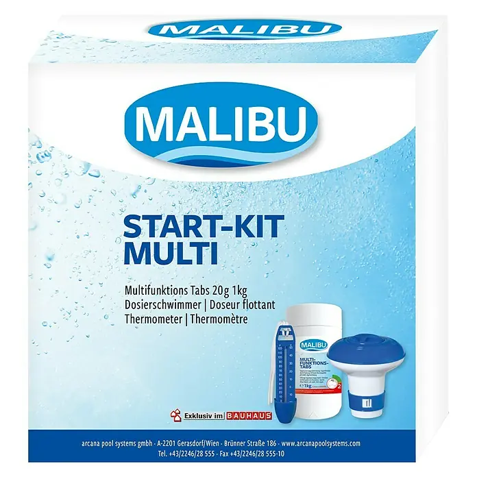 Malibu Wasserpflege-Starterset Multi - 3 -tlg. - Malibu Start-Kit Multi: Multifunktionstabletten, Dosierschwimmer und Thermometer für die Poolpflege.