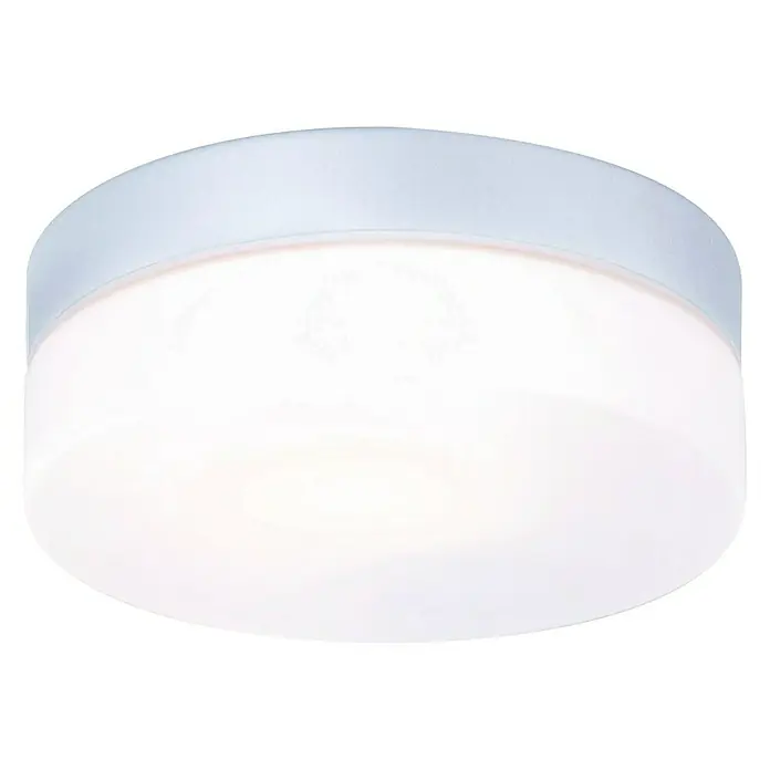 Globo Plafón para pared y techo exterior Vranos 18,5 - 60 W, L x An x Al: 18,5 x 18,5 x 6,5 cm, Plateado, Opal, IP44 - Primer plano de una moderna lámpara de techo redonda con difusor blanco y marco mate.