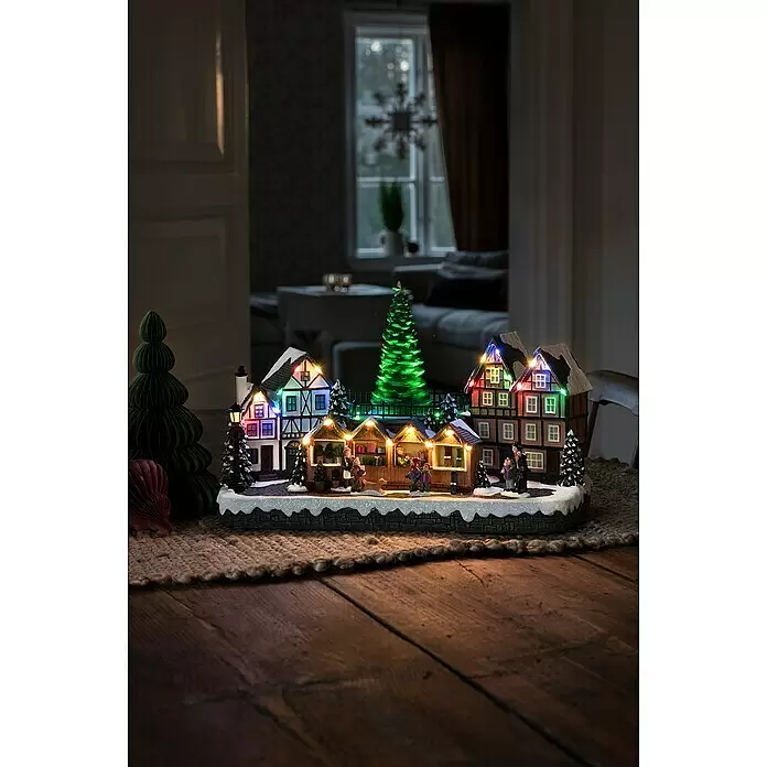 Konstsmide LED-Szenerie Weihnachtsmarkt - L x B x H: 39 x 20,5 x 23,5 cm, Mehrfarbig, Netzbetrieben, LED - Stimmungsaufnahme