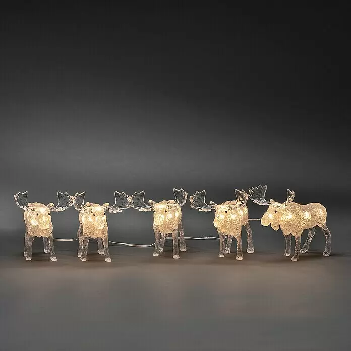Konstsmide LED-Weihnachtsdekofigur LED Acryl - 11,5 x 15,5 x 13 cm, Weiß, Netzbetrieben, LED - Eine Lichterkette mit fünf beleuchteten Elchfiguren aus klarem, strukturiertem Kunststoff.