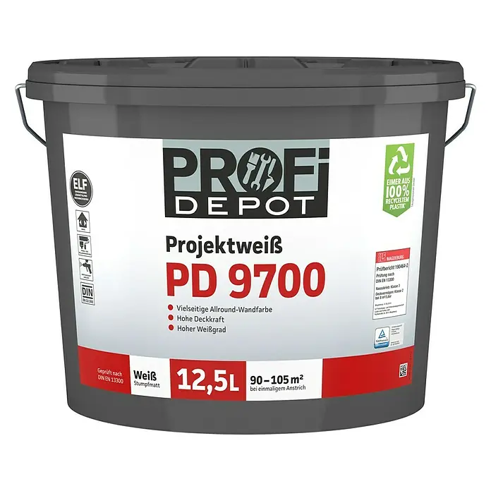Profi Depot PD Wandfarbe Projektweiß PD 9700 - Weiß, Stumpfmatt, 12,5 l, Lösemittelfrei - Ein grauer Eimer Profi Depot Projektweiß PD 9700 Allround-Wandfarbe, ideal für den Innenbereich, mit hoher Deckkraft und stumpfmatter Oberfläche.