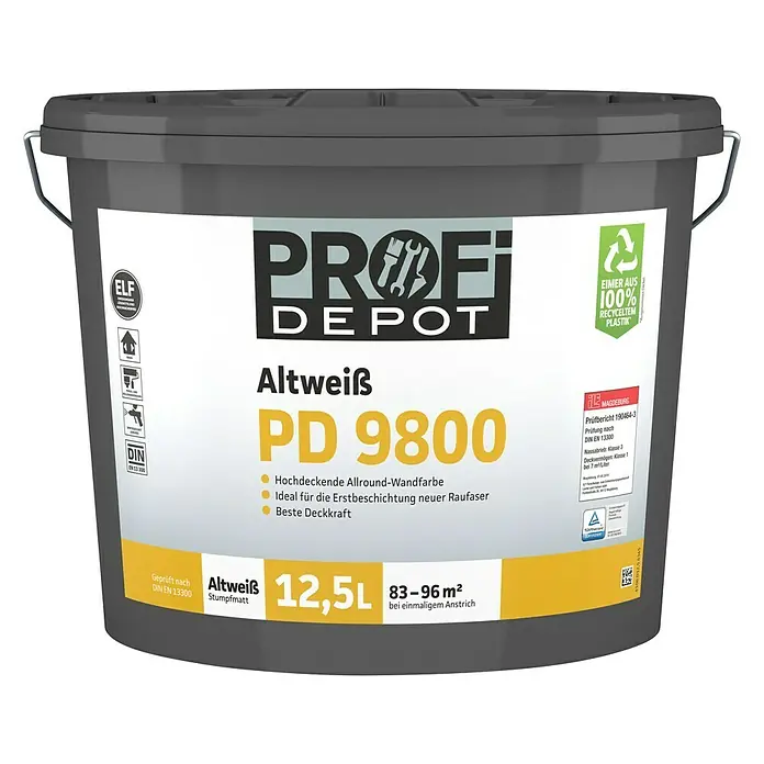 Profi Depot PD Wandfarbe Altweiß PD 9800 - Altweiß, Stumpfmatt, 12,5 l, Lösemittelfrei - Eimer Profi Depot Altweiß PD 9800, 12,5L. Farbe für den Innenbereich mit hoher Deckkraft und ideal für die Erstbeschichtung neuer Raufaser.