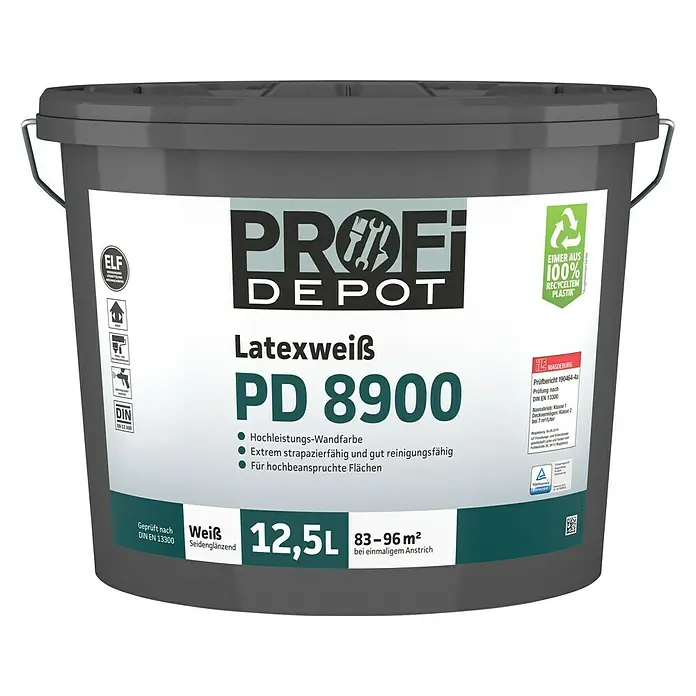 Profi Depot PD Latexfarbe Latexweiß PD 8900 - Weiß, Seidenglänzend, 12,5 l, Lösemittelfrei - Abbildung eines Eimers Profi Depot Latexweiß PD 8900, ein strapazierfähige Wandfarbe für anspruchsvolle Flächen.