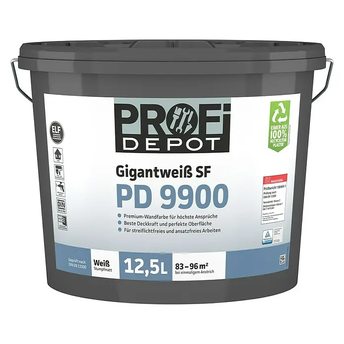 Profi Depot PD Wandfarbe Gigantweiß SF PD 9900 - Weiß, Stumpfmatt, 12,5 l, Lösemittelfrei - Eimer Profi Depot Gigantweiß SF PD 9900, Premium-Wandfarbe für höchste Ansprüche, beste Deckkraft und perfekte Oberfläche.