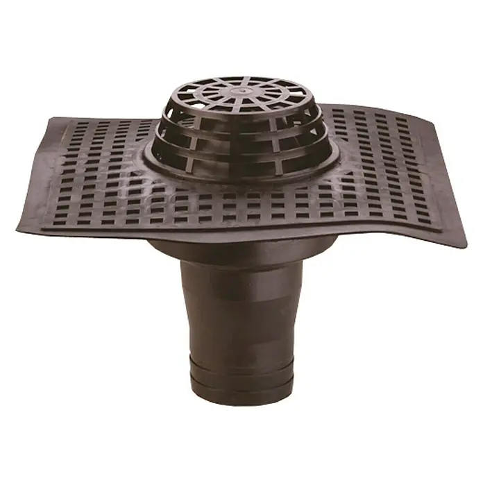Soprema Cazoleta sifónica - Uso: Desagüe, 90 mm - Esta imagen muestra un desagüe de techo negro con un inserto de rejilla. El desagüe sirve para quitar el agua de los techos planos.