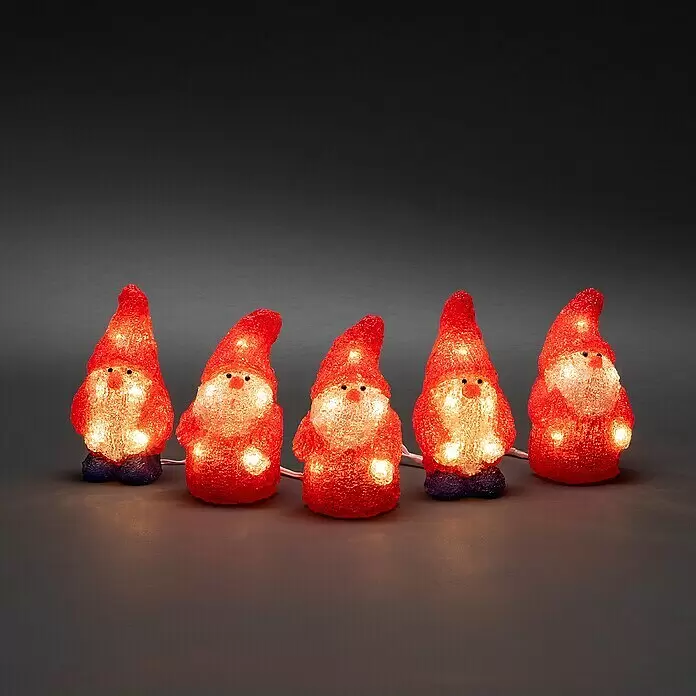 Konstsmide LED-Weihnachtsdekofigur - 7 x 7,5 x 13,5 cm, Rot, Netzbetrieben, LED - Fünf beleuchtete, rot texturierte Zwergenfiguren in einer Reihe.