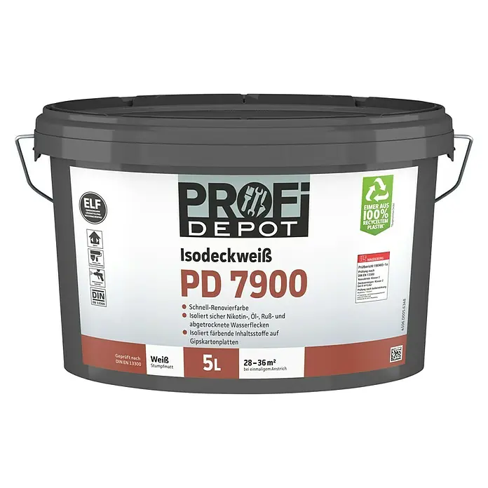 Profi Depot PD Isolierfarbe Isodeckweiß PD 7900 - Weiß, Stumpfmatt, 5 l - Farbeimer Profi Depot Isodeckweiß PD 7900, 5L. Ideal für Nikotin-, Öl-, Ruß- und Wasserflecken, geeignet für Gipskartonplatten.
