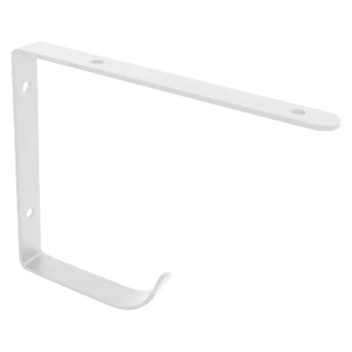 Rei Regalhalter - L x B x H: 180 x 145 x 20 mm, Weiß, Belastbarkeit: 15 kg - Weiße Wandhalterung mit Löchern für Schrauben und einer kleinen Biegung am unteren Ende, perfekt für Regale oder ähnliche Anwendungen.