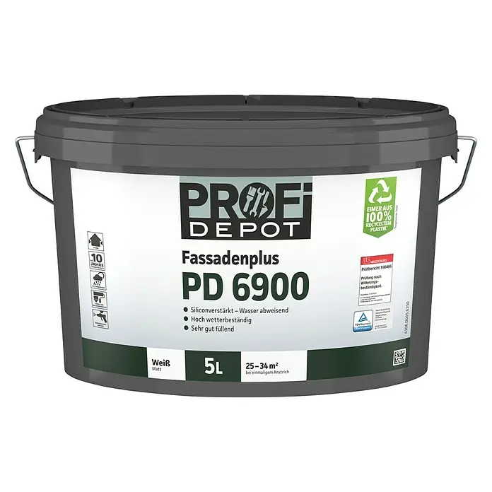 Profi Depot PD Dispersionsfassadenfarbe Fassadenplus PD 6900 - Weiß, 5 l - Eimer Profi Depot Fassadenfarbe PD 6900, 5L, weiß matt. Für Fassaden, silikonverstärkt, wasserabweisend und hoch wetterbeständig.
