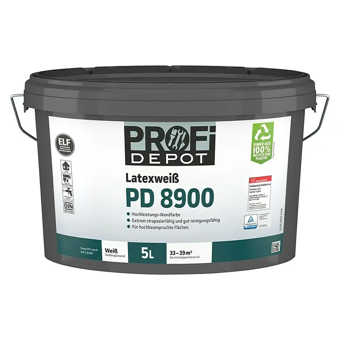 Profi Depot PD Latexfarbe Latexweiß PD 8900 - Weiß, Seidenglänzend, 5 l, Lösemittelfrei - Ein Eimer Profi Depot Latexweiß PD 8900 Wandfarbe. Hochleistungs-Wandfarbe, extrem strapazierfähig und gut reinigungsfähig für anspruchsvolle Flächen.