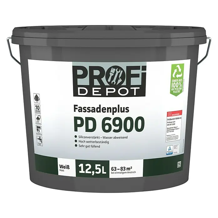 Profi Depot PD Dispersionsfassadenfarbe Fassadenplus PD 6900 - Weiß, 12,5 l - Farbeimer Profi Depot Fassadenplus PD 6900, 12,5L, weiße matte Farbe, geeignet für Fassaden, silikonverstärkt und wetterbeständig.