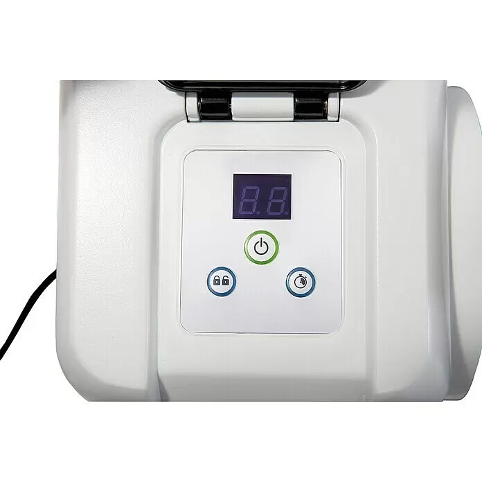 Intex Sandfilteranlage Krystal Clear - Passend für Poolgröße: 42.000 l, Filterleistung: 9.200 l/h - Weißes Bedienfeld eines elektronischen Geräts mit Digitalanzeige, grünem Ein/Aus-Knopf und blauen Sperr- und Timer-Tasten.