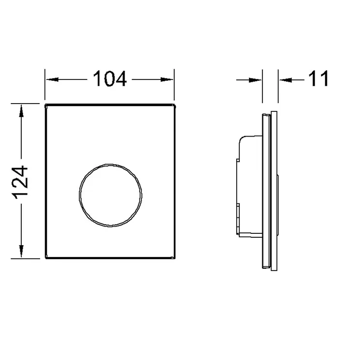 Tece Betätigungsplatte Loop - Weiß, 1-Mengen-Spülung - Technische Zeichnung eines quadratischen Druckknopfes mit den Maßen 104 x 124 mm und einer Tiefe von 11 mm.