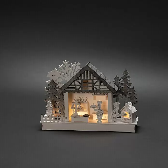 Konstsmide LED-Holzsilhouette - 30 x 7 x 21 cm, Batteriebetrieben, Warmweiß, 0,24 W - Dekorative Holzlaterne mit Bäckerei-Szene, Bäcker, Ofen und Brot. Aus hellem und dunklem Holz gefertigt.